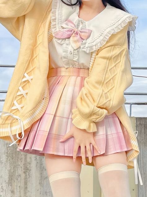 Harajuku, Stockings, Skirt, Yellow, Pink, Kawaii