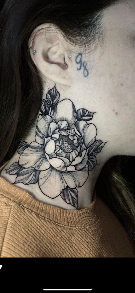 Peonie Neck Tattoo, Fine Line Tattoo Color, Ornamental Neck Tattoos Women, Flower Neck Tattoos Women, Delicate Neck Tattoo, Flower Tattoo Neck, Neck Throat Tattoos Women, Neck Rose Tattoo, Neck Flower Tattoo