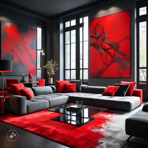 A contemporary living room with a red and grey color scheme strikes a perfect balance between bold and neutral. A large grey sectional sofa with red cushions, red abstract wall art, and a modern glass coffee table will create a stylish and sophisticated space. Red Black And Grey Living Room Ideas, Red And Grey Living Room Ideas, Black And Red Living Room Ideas, Black Red Living Room, Gray And Red Living Room, Red And Black Living Room Ideas, Red And Black Living Room, Red And Gray Bathroom, Grey Living Room Ideas Color Schemes