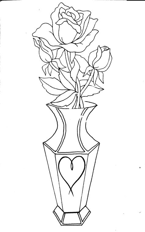 Vase of Roses Vase Of Roses Tattoo, Rose In Vase Drawing, Vase Drawing Simple, Floral Outlines, Flower Vase Drawing, Vase Drawing, Vase Of Roses, Drawing Embroidery, Drawing Rose