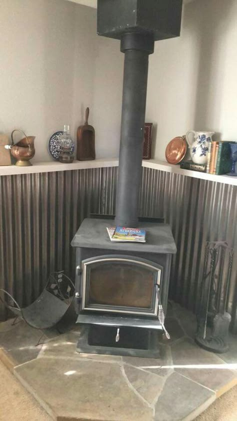 Corrugated Metal Wood Stove Surround, Corrugated Metal Behind Wood Stove, Woodstove Surrounds Metal, Corrugated Metal Fireplace Surround, Wood Stove Surround Metal, Wood Stove Surround Corner, Wood Stove Base, Woodstove Ideas, Wood Burner Ideas