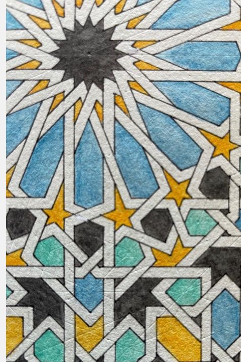 20208.25" x 8.25"pen & watercolor on paper Travel to Spain every day with this detailed, hand-crafted reproduction of tile work from the Alhambra. The magnificent Alhambra palace in Granada, Spain is considered by many to be one of the pinnacles of Islamic decorative art. My visit there in 2019 inspired me to reproduce this exquisite pattern from the Torre de la Cautiva (Tower of the Captives). I named it "Alhambra I" because I am sure I will tackle other patterns from my hundreds of photos in t Alhambra Tiles Patterns, Alhambra Palace Pattern, Arabic Tiles Pattern, Islamic Decorations Art, Islamic Art Pattern Geometry, Alhambra Pattern, Alhambra Tiles, Islamic Geometric Art, Travel To Spain