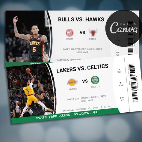 Custom Tickets, Basketball Tickets, Nba Tickets, Corkboard Ideas Decor, Nba Game, Game Tickets, Ticket Design, Basketball Gifts, Custom Basketball