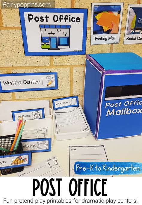 This post office dramatic play center comes in a blue post office AND red post office version. It's great for a community helper theme. #postofficedramaticplay #postofficepretendplay #bluepostoffice #redpostoffice #postofficeplay #writingcenter #writingcentre #communityhelper #communityhelpers #communityhelperactivities #pretendplay #dramaticplaycenter #pretendplaycenter #preschool #prek #kindergarten Post Office Kindergarten, Post Office Dramatic Play Preschool, Preschool Post Office Dramatic Play, Kindergarten Post Office, Post Office Dramatic Play Free Printable, Post Office Pretend Play, Post Office Activities, Pretend Play Post Office, Post Office Play