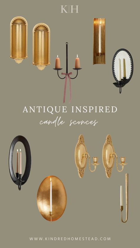 Antique inspired candle sconces for timelessly collected heirloom inspired decor. Candle Inspiration, Antique Inspiration, Candle Sconces, Candles