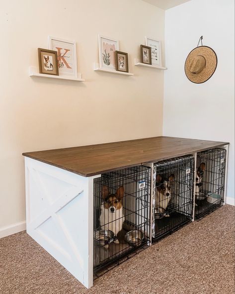 Double Dog Crate Furniture Diy Plans, Diy Dog Kennels Indoor, Large Dog Cage Ideas Indoor, Multiple Dog Kennel Ideas Indoor, Kennel Ideas Indoor, Dog Kennel Ideas Indoor, Dog Kennel Ideas, Wood Dog Kennel, Dog Room Decor