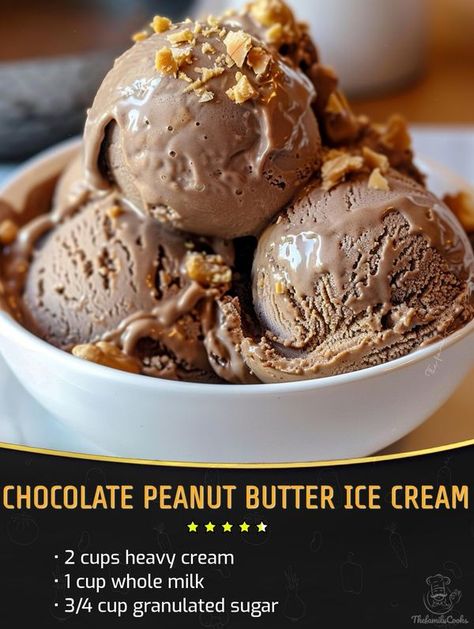 Family Cookbook Recipes | Chocolate Peanut Butter Ice Cream | Facebook Chocolate Peanut Butter Ice Cream, 3 Ingredient Desserts, Chocolate Ice Cream Recipe, Butter Ice Cream, Unsweetened Cocoa Powder, Peanut Butter Ice Cream, Ice Cream Ingredients, Recipes Chocolate, Chocolate Nuts