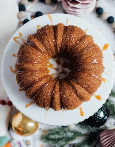 Chai tea bundt cake recipe from the More Mandy's cookbook | Eat North Tea Bundt Cake, Salted Caramel Glaze, Caramel Tea, Gourmet Salad, Bundt Cake Recipe, Caramel Glaze, Toronto Food, Tea Cake, Holiday Dessert