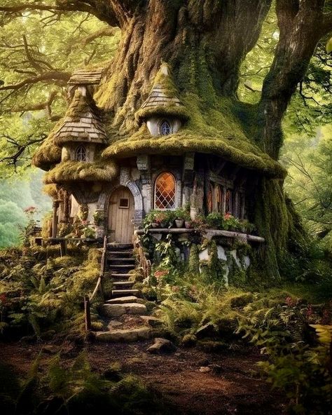 Mythical Tree House, Fairy House Forest, Forest House Illustration, Fae House, Fairy Town, Faerie House, Fairy Tale House, Fairytale Houses, Fantasy Cottage