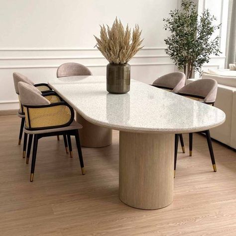 Modern Stone Dining Table, Center Base Dining Table, Marble And Wood Dining Table Modern, Dining Table With Center Base, Dining Table Terrazzo, Wood Base Stone Top Dining Table, Marble Top Table Dining, Stone Dinner Table, Dinner Table Ideas Dining Rooms