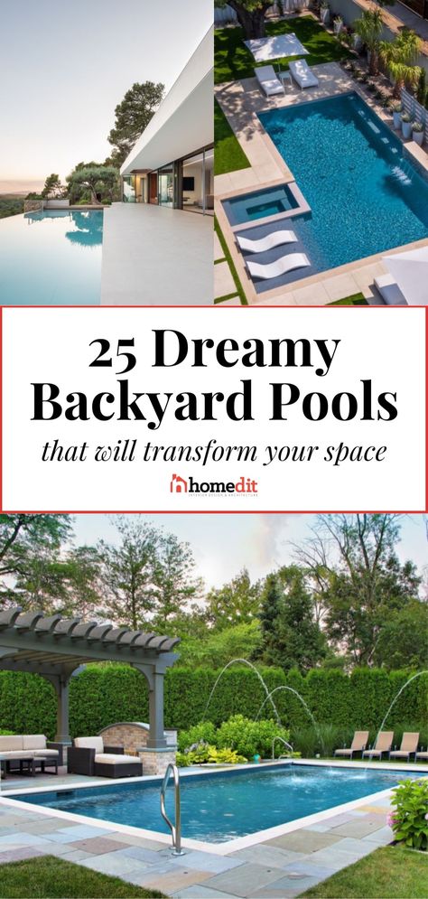 Discover the best pool landscaping and design inspiration for your backyard and yard! We’re sharing 25+ stunning pool design ideas for your outdoor space and outdoor living space. From lap, swimming, freeform, and Mediterranean pool ideas, we have all of the background pool ideas and inspiration for your outdoor oasis. Simple Backyard Pool Designs, Landscaping Around Pool, Backyard Pool Design, Inground Pool Landscaping, Simple Pool, Pool Design Ideas, Rectangle Pool, Living Pool, Dream Backyard Pool