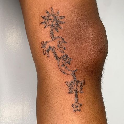 Whimsical Leg Tattoo, Lower Knee Tattoo, Back Of Leg Tattoo Women, Back Thigh Tattoos Women, Leg Tattoos Women Thigh, Under The Knee Tattoo, Tattoos Change, Back Of Leg Tattoo, Back Of Leg Tattoos