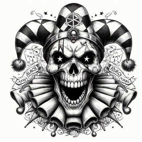 Joker Skull Drawing, Laughing Clown Tattoo, Dark Tattoos For Men Creepy, Skull Jester, Clown Skeleton, Jester Tattoo, Clown Skull, Clown Tattoos, Easy Tattoos To Draw