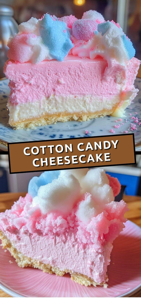 Treat yourself to this dreamy cotton candy cheesecake—creamy, sweet, and bursting with fun flavors for a magical dessert!  Ingredients:  1 ½ cups graham cracker crumbs 4 (8 oz) blocks cream cheese, softened ½ cup cotton candy, torn into small pieces ½ cup heavy cream (for topping) This delightful cheesecake combines the creamy richness of classic cheesecake with the whimsical sweetness of cotton candy, topped with fluffy whipped cream and extra cotton candy for a fun finish! Cherry Cordial Cheesecake, Recipes Made With Cream Cheese, Mountain Dew Cheesecake, Candy Stuffed Cake, Fun Cheesecake Ideas, Cream Cheese Easy Dessert, Cotton Candy Cheesecake Recipes, Cotton Candy Flavored Things, Cotton Candy Dessert Ideas