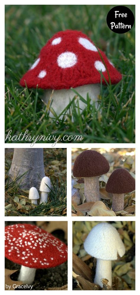 Myriads of Mushrooms Free Knitting Pattern #freeknittingpattern #knittingpattern #toadstoolfreepattern Halloween Knitting Patterns, Small Knitting Projects, Modern Knitting Patterns, Crochet Mushroom, Modern Knitting, Christmas Knitting Patterns, Shelf Display, Knitted Flowers, Felting Tutorials