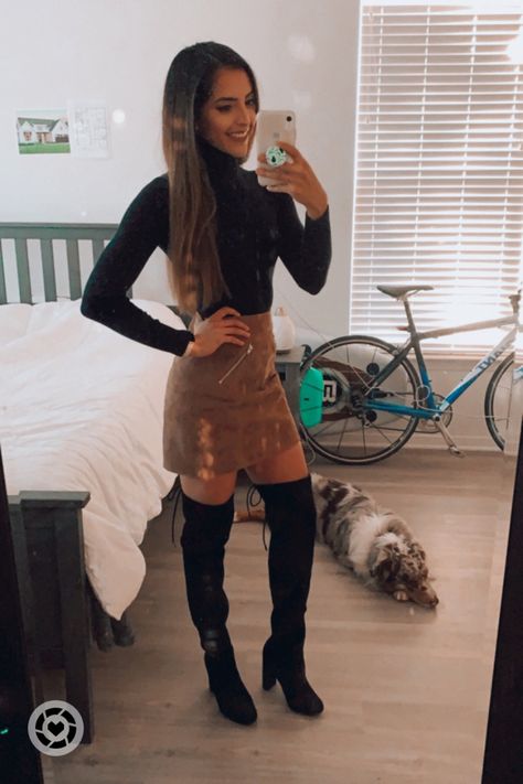 Brown Leather Thigh High Boots Outfit, Fall Brown Skirt Outfits, Turtle Neck And Skirt Outfit, Skirt Thigh High Boots, Black Thigh High Boots Outfit, Brown Skirt Outfit, Classy Date Night, Classy Date Night Outfit, Dressy Fall Outfits