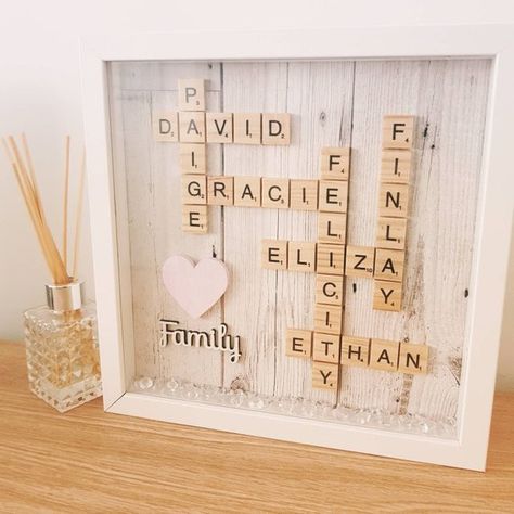 Scrabble Box Frame Ideas, Scrabble Picture Frame Diy, Scrabble Wall Art Diy Framed, Unique Frame Ideas, Last Name Crafts, Box Frame Ideas, Scrabble Letter Crafts, Scrabble Frames, Scrabble Art Frame