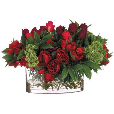 Canora Grey Rose/Dahlia In Oval Glass Vase Red Flower Arrangements, Red Rose Arrangements, Rose Floral Arrangements, Christmas Flower Arrangements, Christmas Floral Arrangements, Memorial Flowers, Flower Arrangements Simple, Glass Centerpieces, Rose Arrangements