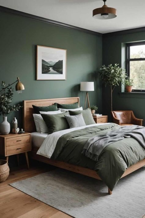 Sage Advice: Mastering Sage Green in Your Bedroom Decor - West Magnolia Charm Bedroom Inspirations Master Dark Green, Green White Interior Design, Sage And Light Blue Bedroom, Green Bedroom Blue Accents, Green Walls Grey Furniture, Emerald Accent Bedroom, Modern Green Bedroom Design, Bedroom In Green Color, Modern Boho House Decor