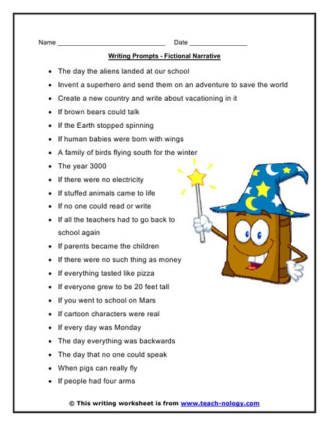 Narrative Writing Prompts | Standards Met: Fictional Writing Fictional Narrative Writing Prompts, Narrative Writing Topics, Fictional Narrative Writing, Narrative Prompts, Creative Writing Worksheets, Elementary Writing Prompts, Abc Chart, Birdhouses Ideas, Narrative Writing Prompts