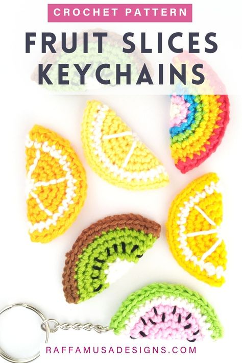 Watermelon, kiwi fruit, mandarin, lemon, orange crochet keychains Crochet Mystery Bag Ideas, Crochet Fruit Keychain Free Pattern, Beginner Crochet Projects Step By Step, Crocheted Fruit, Charity Crafts, Mystery Crochet, Invisible Join, Classy Crochet, Crochet Craft Fair