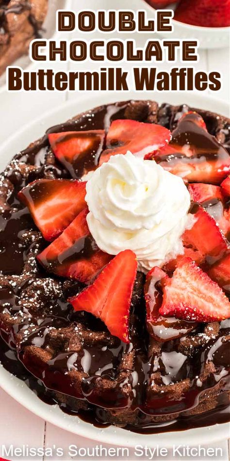 Double Chocolate Buttermilk Waffles Chocolate Coffee Cake Recipes, Chocolate Waffle Recipe, Holiday Brunch Recipes, Chocolate Chip Waffles, Homemade Hot Fudge, Waffle Iron Recipes, Banana Buttermilk, Buttermilk Waffles, Best Brunch Recipes