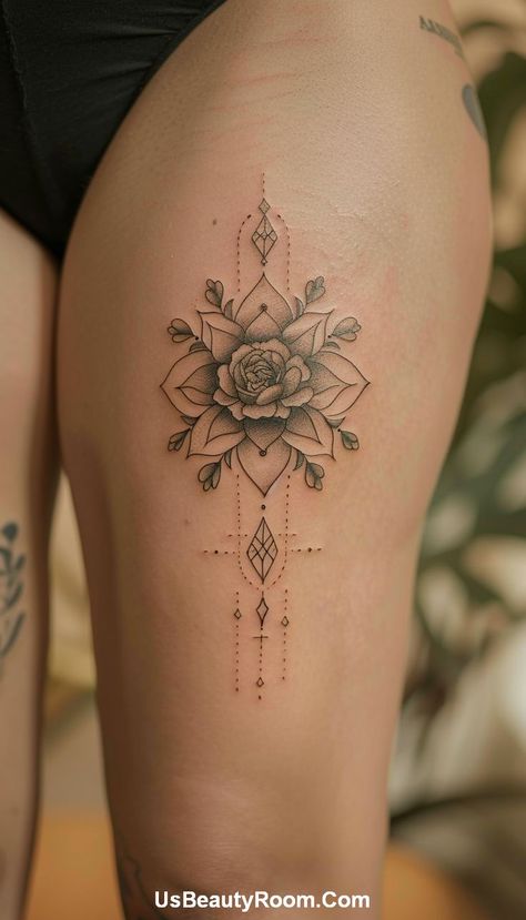 A floral mandala thigh tattoo featuring symmetrical patterns and fine details, creating a harmonious and elegant design. This small thigh tattoo is perfect for girls who love floral elements in their tattoos. Thigh Tattoos Women Plus Size, Small Thigh Tattoo, Tattoos Trendy, Plus Size Tattoos, Lace Thigh Tattoos, Thigh Tattoo Ideas, Small Thigh Tattoos, Chic Tattoo, Small Girl Tattoos