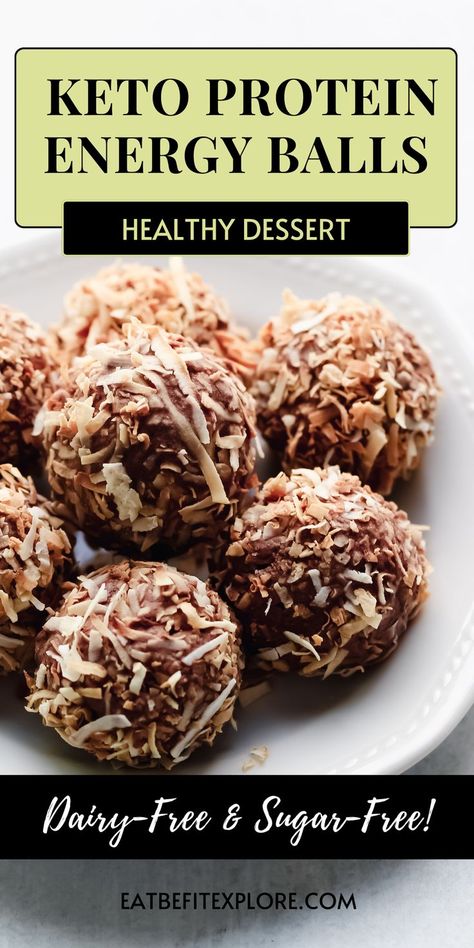 Graphic with the title "Keto Protein Energy Balls," subtitle "Healthy Dessert," "Dairy-Free and Sugar-Free," and a photo of a dessert. Easy Keto Protein Balls, Low Glycemic Protein Balls, Dairy Free Fat Bomb Snacks Keto, Keto Protein Balls No Bake, Keto Protein Snacks, Sugar Free Protein Balls, Keto Oreo Balls, Keto Power Balls, Keto Energy Bites