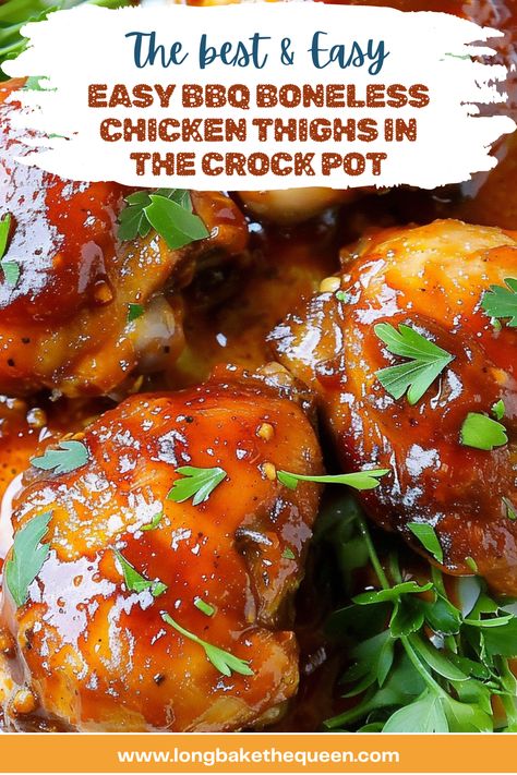 Easy BBQ Boneless Chicken Thighs in the Crock Pot Bbq Chicken Thighs Crockpot, Bbq Boneless Chicken Thighs, Boneless Chicken Thighs Crockpot, Baked Boneless Chicken Thighs, Crockpot Chicken Thighs, Bbq Chicken Thighs, Barbeque Chicken, Bbq Chicken Crockpot, Tangy Bbq Sauce