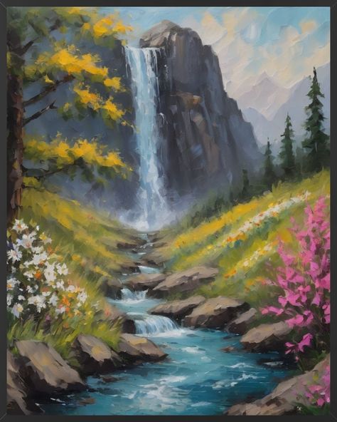 Waterfall oil painting, mountain view oil painting, Nature inspired wall art, Nature inspired digital wall art, Wilderness wall art Flowing River Painting, Painting View Nature, Painting Of A Forest, Nature Painting Inspiration, Mountains Oil Painting, Waterfall Painting Easy, River Painting Acrylic, Simple Nature Paintings, Painting Ideas Mountains