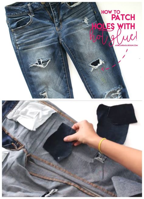 patch a pair of pants--using scrap levi and hot glue Patching Holes In Jeans, Diy Lace Jeans, Holes In Jeans, Patched Jeans Diy, How To Patch Jeans, Holy Jeans, Diy Ripped Jeans, Jeans Tutorial, Altered Clothes