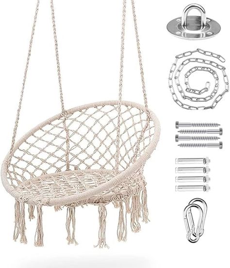 TORIBIO Hammock Chair, Cotton Rope Macrame Hanging Chair Hanging Swing Chair with Hanging Hardware Kit for Bedroom Indoor, Outdoor, Patio, Yard, Garden, Kids, Adults, Max Weight 330 lbs, White Graces Room, Hanging Rope Chair, Macrame Hanging Chair, Rope Macrame, Hanging Chair From Ceiling, Garden Kids, Indoor Outdoor Patio, Hanging Hammock Chair, Hanging Hammock