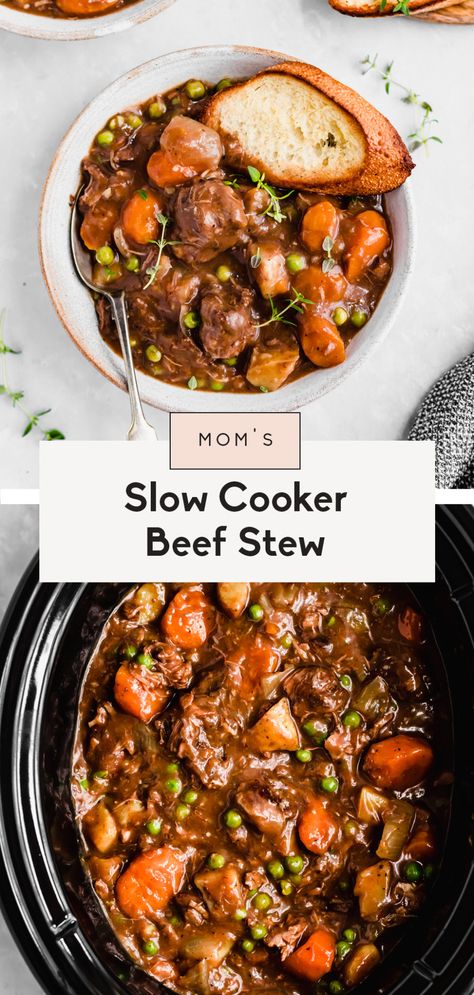 Mom's best ever slow cooker beef stew cooked to perfection with dry red wine, garlic, fresh herbs and tender potatoes and carrots. This easy beef stew recipe is just like the classic one you grew up with and makes a delicious, protein-packed dinner the whole family will love! #beefstew #slowcooker #slowcookerrecipe Beefstew Slowcooker, Slow Cooker Recipes Beef Stew, Easy Beef Stew Recipe, Crockpot Recipes Beef Stew, Easy Beef Stew, Beef Stew Crockpot, Pot Beef Stew, Slow Cooker Beef Stew, Dry Red Wine