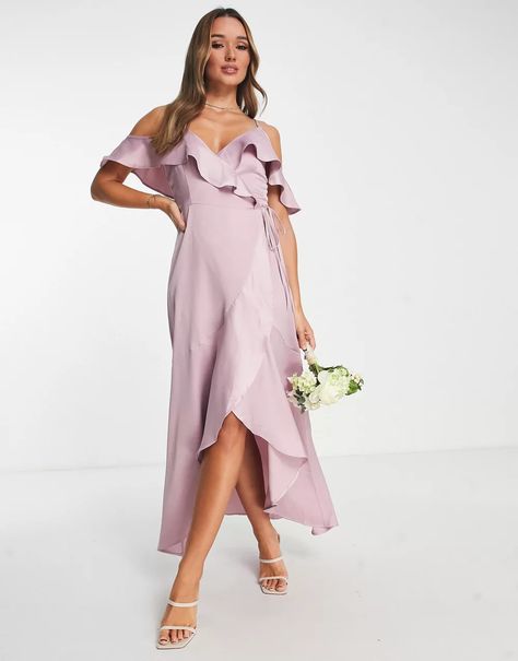 TFNC Bridesmaid off shoulder ruffle sleeve maxi dress in pink, dress, dress for women, maxi High Low Bridesmaid Dresses, Bridesmaid Dresses Uk, High Low Prom Dresses, Floor Length Prom Dresses, Bridesmaid Dresses Online, Mauve Dress, Satin Bridesmaid Dresses, Custom Size Dresses, Stunning Gowns