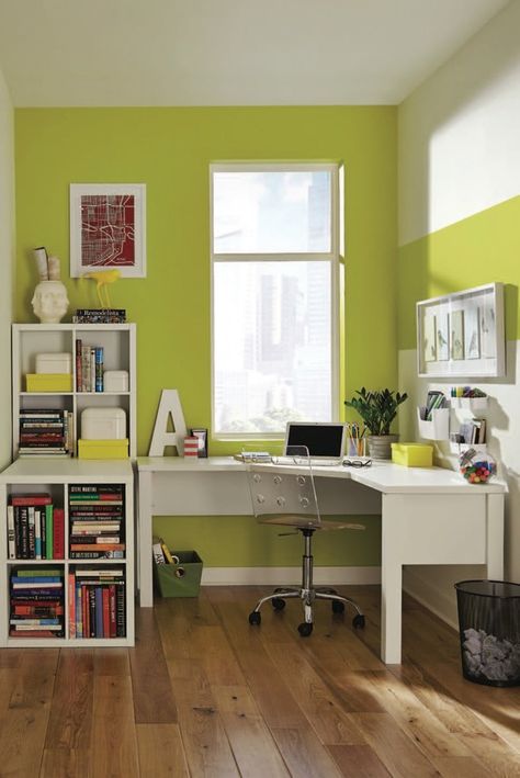 Not all greens are equal. Make a bold statement with lime or neon green. We love the balance of this bright green accent wall and accompanying decorative stripe with complementary white walls, furniture and decor. Lime Green Rooms, Lime Green Bedrooms, Lime Green Walls, Green Bedroom Walls, Guest Bedroom/office, Basement Guest Rooms, Box Room, Green Accent Walls, Living Room Wall Color