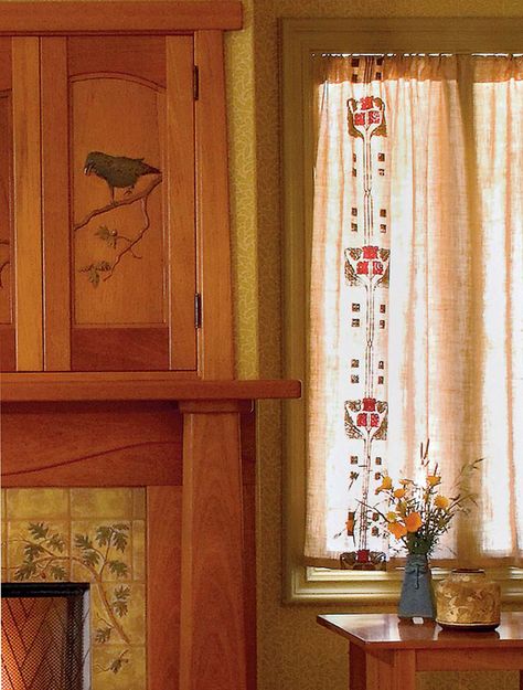 A period design embellishes panels shirred on a pocket rod; curtains by Arts & Crafts Period Textiles Craftsman Curtains, Craftsman Window, Craftsman Interiors, Arts And Crafts Interiors, Arts And Crafts Bungalow, Craftsman Decor, Arts And Crafts Storage, Craftsman Interior, Arts And Crafts For Teens