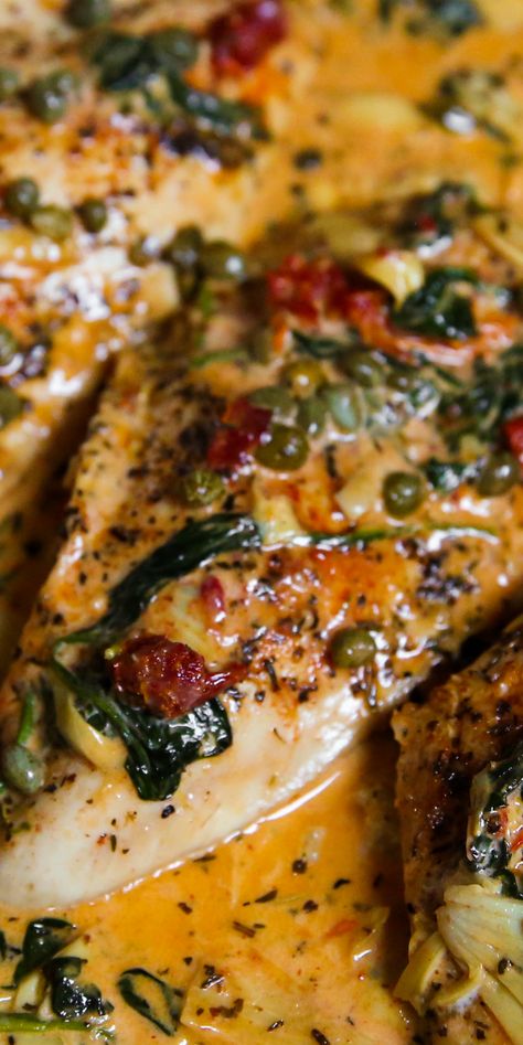 Tuscan Chicken With Spinach, Tuscan Salmon Recipe, Chicken With Spinach, Creamy Tuscan Chicken, Creamy Chicken Recipes, Chicken Entrees, Tuscan Chicken, Sauteed Vegetables, Sun Dried Tomatoes