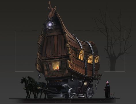 Fantasy Carriage Art, Fantasy Carriage Concept Art, Fantasy Carriage, Medieval Houses, Fantasy Props, 다크 판타지, The Witches, Horse Carriage, Fantasy City