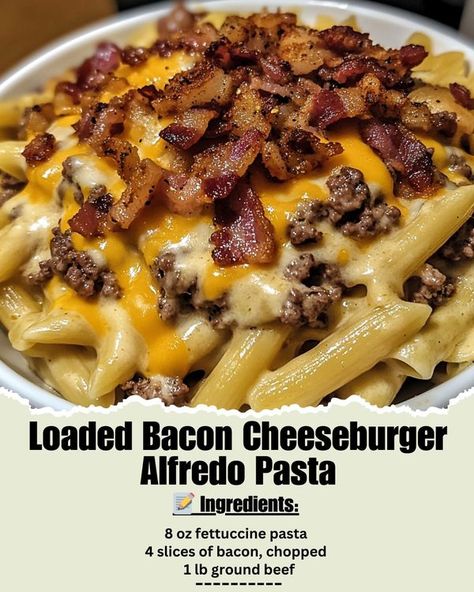 Time of Recipes | 🍝 Loaded Bacon Cheeseburger Alfredo Pasta - you're going to love this twist | Facebook Pasta Recipes Alfredo, Fettuccine Pasta, Pasta Ingredients, Alfredo Pasta, Bacon Cheeseburger, Delicious Snacks Recipes, Easy Casserole Recipes, Ultimate Comfort Food, Ground Beef Recipes