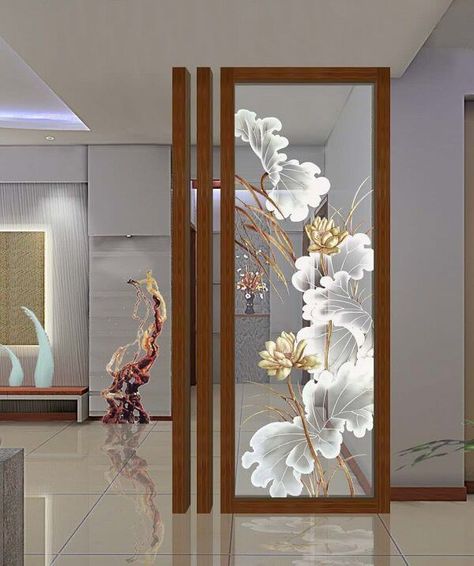 Glass Partition Designs, Modern Partition Walls, Room Partition Wall, Glass Etching Designs, Wall Partition Design, Glass Partition Wall, Frosted Glass Design, Pooja Room Door Design, Hall Interior Design