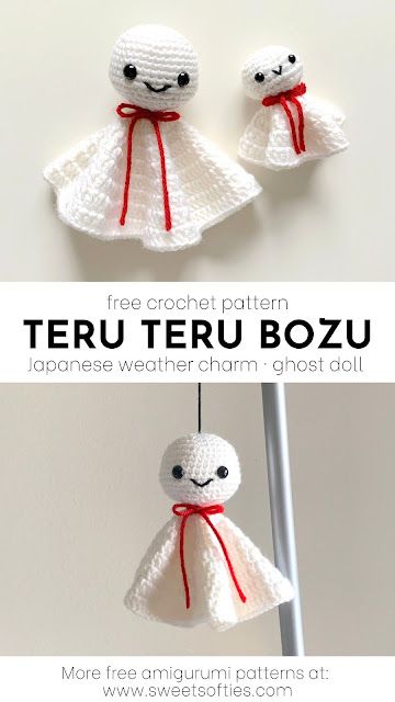 Free Teru Teru Bozu Crochet Pattern · Halloween Ghost Doll · Japanese Weather Charm - Sweet Softies | Amigurumi and Crochet Crochet Teru Teru Bozu, Japan Crochet Pattern, Japanese Crochet Stitches, Soot Sprite Crochet Pattern Free, Teru Teru Bozu Crochet, Quick Halloween Crochet, Crochet Anime Characters, Anime Crochet Patterns Free, Japanese Weather