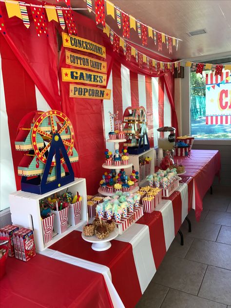 Carnival 30th Birthday Party, Carnival Candy Bar, Carnival Party Food Table, 1st Birthday Party Carnival Theme, Under The Big Top Birthday Party, Carnival Cake Table, Carnival Birthday Party For Adults, Carnival School Party, Fall Carnival Birthday Party Ideas