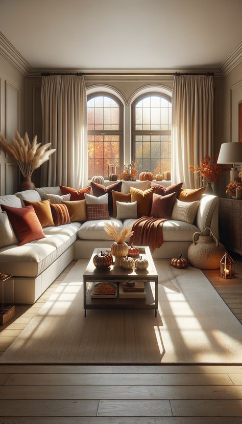 In a cozy living room with an autumnal theme, a spacious beige sectional sofa is adorned with textured pillows. A cozy blanket is draped over the arm of the sofa. The coffee table in front is decorated with fall decorations. Light streams in through large windows, enhancing the room's warmth. Rust Room, Cozy Living Room Aesthetic, Fall Living Room Ideas, Cozy Decor Ideas, Cozy Fall Living Room, Warm Color Palettes, Textured Pillows, Sectional Sofa Beige, Living Room Decor Tips