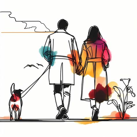 Couple Walking with Dog - A.D. Visual Couple And Dog Painting, Walking With Dog, A Couple Holding Hands, Dog On A Leash, Nice Line, Line Drawing Illustration, Samurai Illustration, Old Fisherman, Dog Line Art