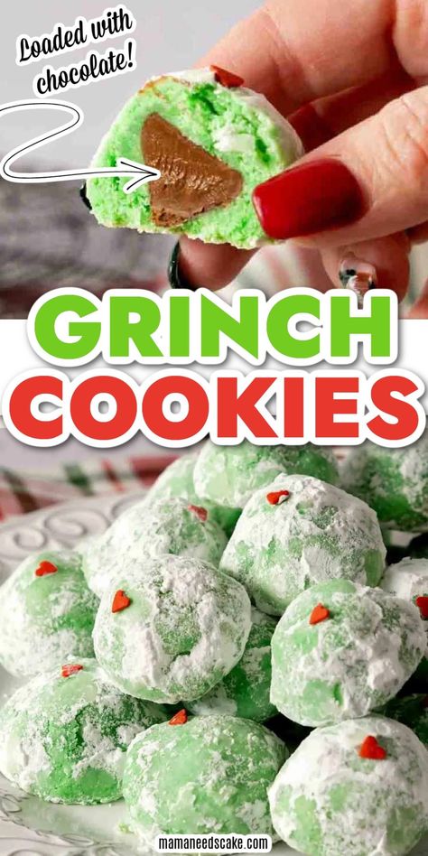 These snowball grinch cookies from Mama Needs Cake are the PERFECT Christmas cookie to add to this year's cookie tray! A chocolate kiss is hidden in the middle of each of these cookies! Try making these mouth-watering snowball grinch cookies this Christmas holiday and enjoy a yummy treat! Cookies With Kisses, Grinch Cookie, Surprise Cookie, Grinch Cookies, Cookies To Make, Kiss Cookies, Snowball Cookies, Fresh Baked Cookies, Dessert Bar Recipe