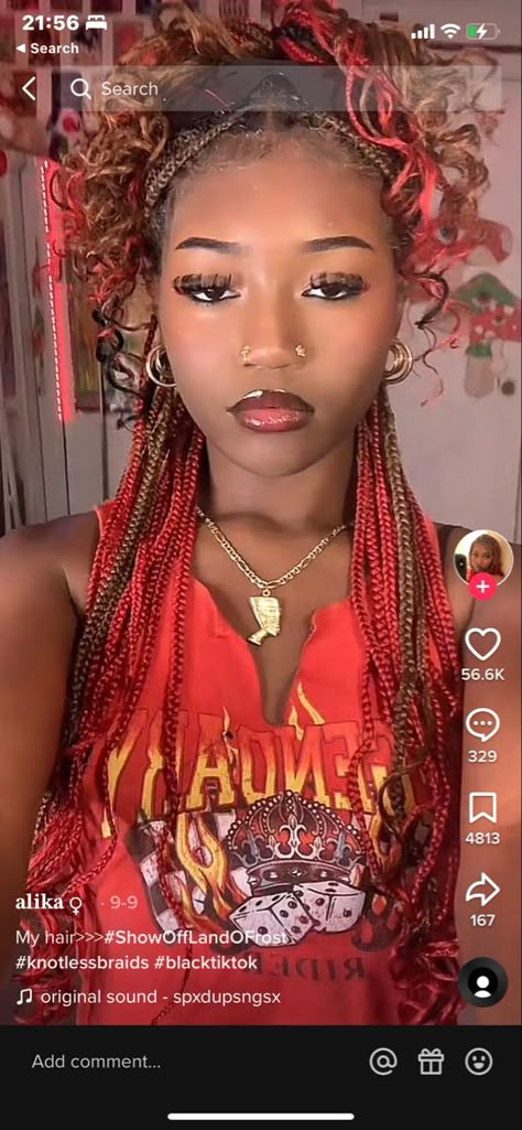 Brown And Red Braids Black Women, 3 Color Combinations Braids, Short Colored Box Braids, Blonde And Red Peekaboo Braids, Box Braid Hair Color Combos, Three Color Braids, Half And Half Hair Color Braids, Braid Hair Color Combos, Color Combos Braids