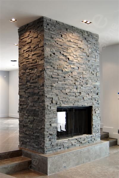 fireplace Stone Wall Interior Design, Stone Veneer Wall, Fireplace Facing, Stacked Stone Fireplaces, Stone Walls Interior, Faux Brick Panels, Two Sided Fireplace, Faux Stone Panels, Simple Home Decoration