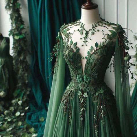 Acotar Dress, Green Dress Aesthetic, Green Ball Gown, Forest Dress, Elven Dress, Green Wedding Dresses, Fantasy Dresses, Princess Gown, Fantasy Gowns