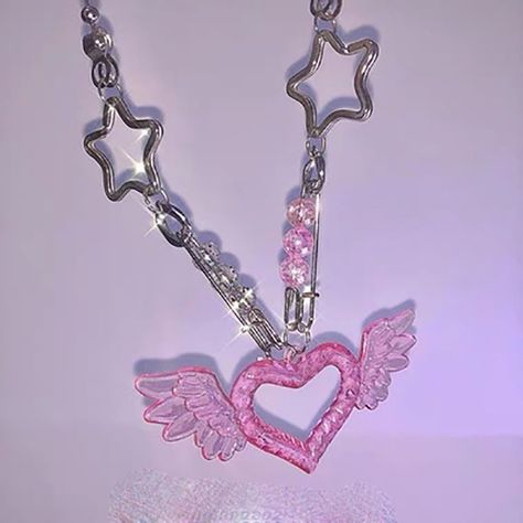 Pink Heart Necklace, Catty Noir, Charm Choker Necklace, Heart Shaped Pendant Necklace, Y2k Jewelry, Heart With Wings, Handmade Heart, Wing Necklace, Hello Kitty Items