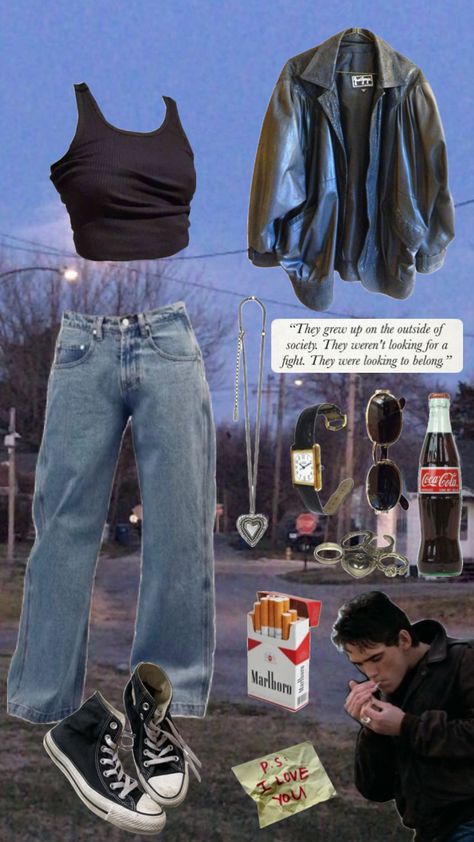 #theoutsiders #dallaswinston #marlboro #vintageoutfits #cokecola #jewelry Greasers Outfit Girl, Greaser Girl Outfit, Greaser Costume, Girl Greaser Outfit, Greaser Outfit, Greaser Aesthetic, Greaser Girl, The Outsiders Ponyboy, 60s Aesthetic